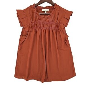 Monteau Los Angeles Womens Large Rust Boho Preppy Minimal Peplum Smocked Top NWT